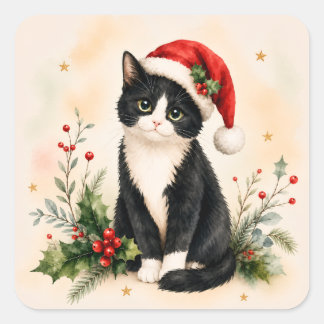 Adesivo Quadrado Gato de Natal de Smoking com Chapéu de Papai Noel