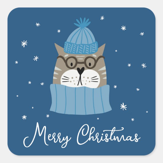 Adesivo Quadrado Gato de Natal giro em Neves Flocos de Neve Azul (Frente)