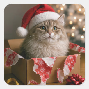 Adesivo Quadrado Gato de Natal numa Caixa