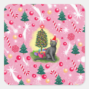 Adesivo Quadrado Gato de Natal Rosa