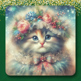 Adesivo Quadrado Gato de Natal Vintage Shabby Chic