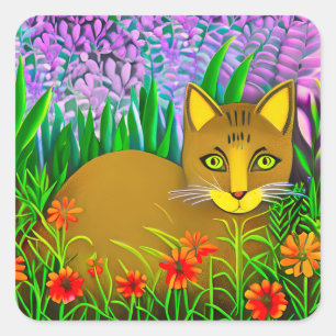 Adesivo Quadrado Gato de Olho Verde em um Jardim Flor