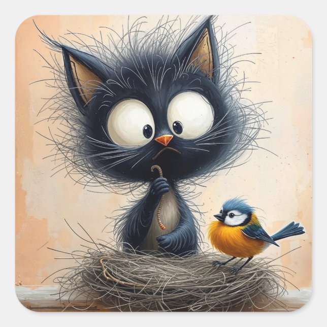 Adesivo Quadrado Gato de olhos largos esmagado segurando um verme p (Frente)