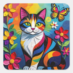 Adesivo Quadrado Gato de papel colorido, flores e borboletas