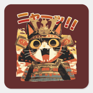 Adesivo Quadrado Gato de Samurai Bonito em Armadura