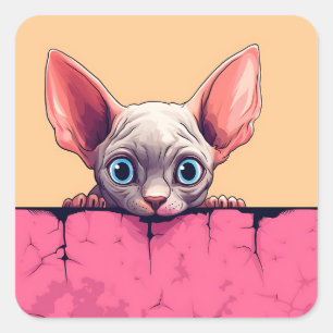 Adesivo Quadrado Gato de Sphynx, Cute de Peeking Kawaii