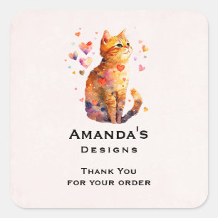 Adesivo Quadrado Gato de Tabby Bonito com Corações Obrigado Negócio