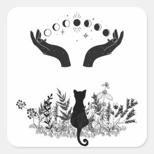 Adesivo Quadrado Gato de Vintage Celestial Moon Phases