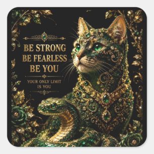 Adesivo Quadrado Gato Dourado Olhos Verdes Arte Elegante