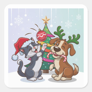 Adesivo Quadrado gato e cachorro estão comemorando o dia de Natal