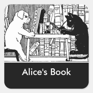 Adesivo Quadrado Gato e Cão na Biblioteca