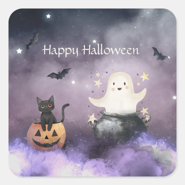 Adesivo Quadrado Gato e Halloween Fantasma (Frente)