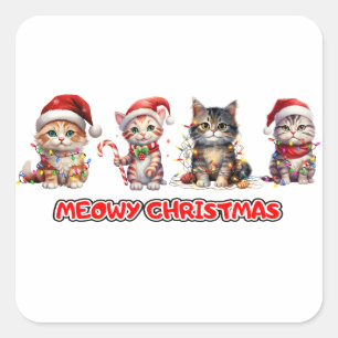 Adesivo Quadrado Gato e Luzes de Natal Feliz Natal