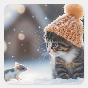 Adesivo Quadrado Gato e rato adoráveis na neve juntos