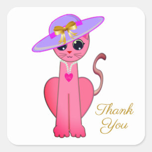 Adesivo Quadrado Gato Elegante Rosa Kitty Obrigado