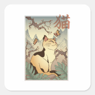 Adesivo Quadrado Gato em Estilo Japonês