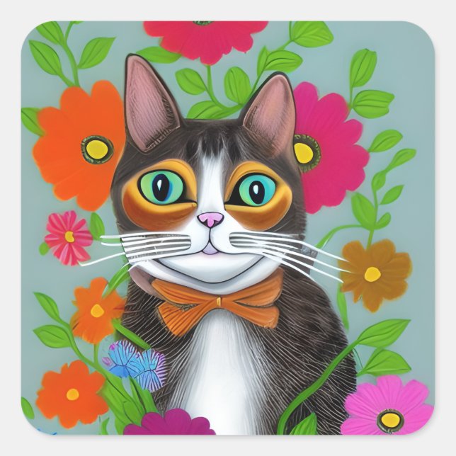 Adesivo Quadrado Gato engraçado de arte popular com flores vermelha (Frente)