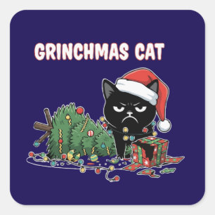 Adesivo Quadrado Gato engraçado do Grinchmas Natal do Gato Preto