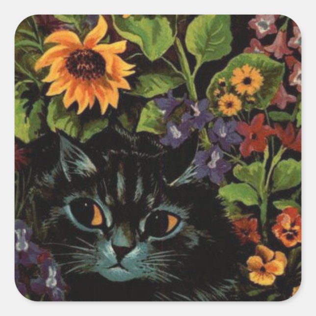 Adesivo Quadrado Gato escondido em Flores por Louis Wain Sticker Sh (Frente)