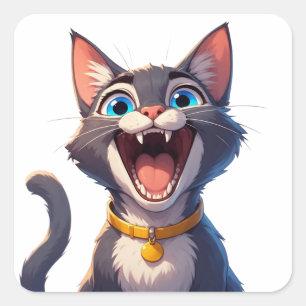Adesivo Quadrado Gato Expressivo Fofo Com Coleira E Olhos Azuis 😻