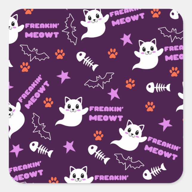 Adesivo Quadrado Gato Fantasma de Halloween (Frente)