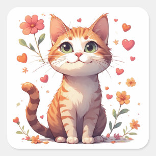 Adesivo Quadrado Gato Feliz Adorável Com Corações E Flores 🌷
