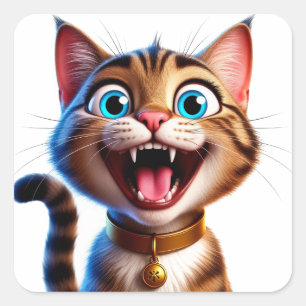 Adesivo Quadrado Gato Feliz Com Coleira Arte De Desenho Animado De