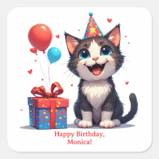 Adesivo Quadrado Gato Festa Fofo Com Presente De Aniversário 🎂