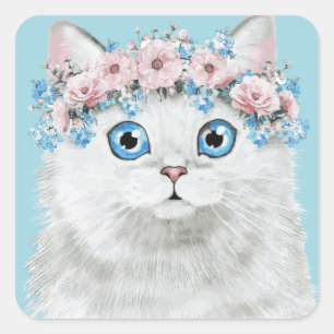 Adesivo Quadrado Gato floral branco doce