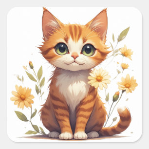 Adesivo Quadrado Gato Floral Fofo Com Sorriso Feliz 💕