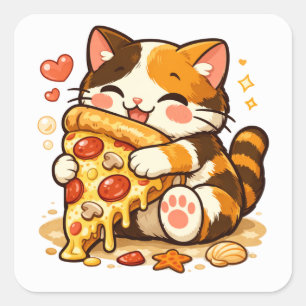 Adesivo Quadrado Gato Fofo Abraçando Pizza   Design de Gato de Comi
