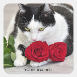 Adesivo Quadrado Gato fofo com a rosa vermelha