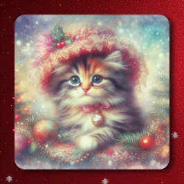 Adesivo Quadrado Gato Fofo com Chapéu de Natal Vintage