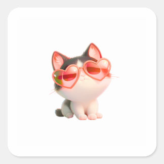 Adesivo Quadrado Gato Fofo com Óculos de Sol de Coração | Kawaii Ad