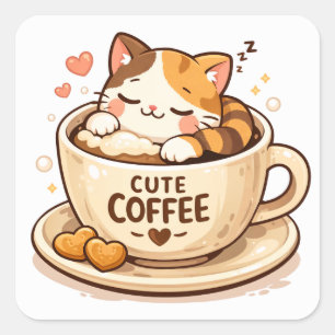 Adesivo Quadrado Gato Fofo Dentro da Xícara de Café Design Aconch
