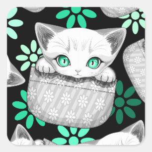 Adesivo Quadrado Gato Fofo e Brincalhão espiando de um Bolso