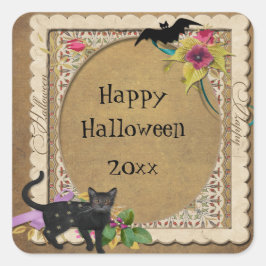 Adesivo Quadrado Gato Fofo e Morcego Halloween Vintage
