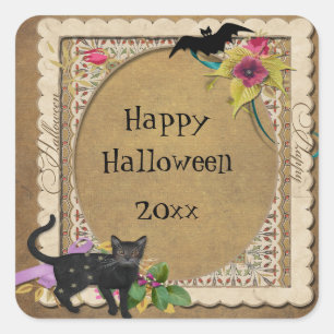Adesivo Quadrado Gato Fofo e Morcego Halloween Vintage