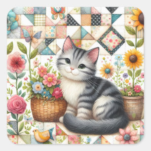 Adesivo Quadrado Gato Fofo em Colcha Floral Cottagecore