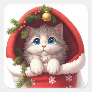Adesivo Quadrado 🎅 Gato Fofo Espiando da Meia de Natal 🐾