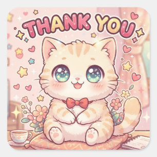Adesivo Quadrado Gato Fofo Kawaii Anime Chibi Obrigado