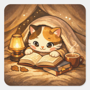 Adesivo Quadrado Gato Fofo Lendo Livro Gato Amante de Livros Acon