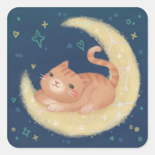 Adesivo Quadrado Gato Fofo na Lua