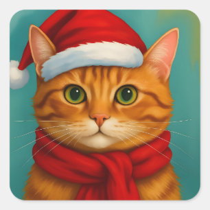 Adesivo Quadrado Gato fofo vestindo coração de Natal