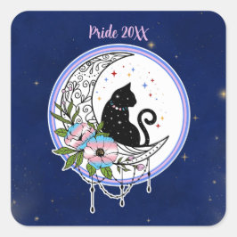 Adesivo Quadrado Gato Galáxico e Flores em Cores de Sinalizador Tra