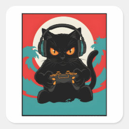 Adesivo Quadrado Gato Gamer Divertido Fones de Ouvido Controle Retr