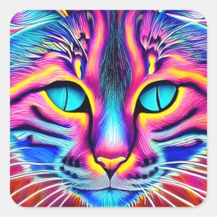 Adesivo Quadrado Gato Gerado Por Um Gato De Cartoon Colorido De Olh