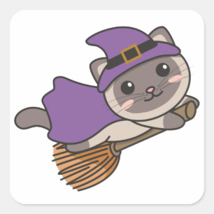 Adesivo Quadrado Gato Halloween Bruxas Crianças de Bruxas Stic.