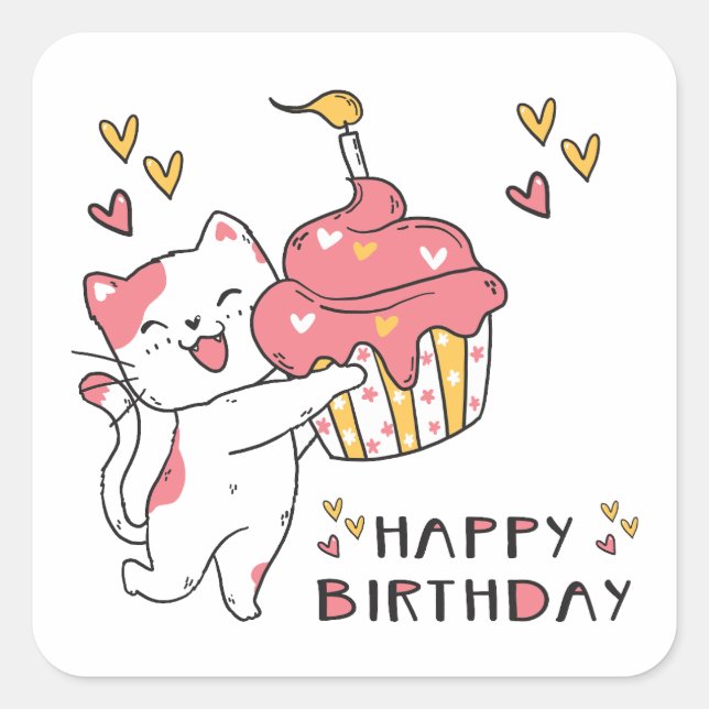 Adesivo Quadrado Gato Kawaii bonito com cupcake Sticker Quadrado (Frente)