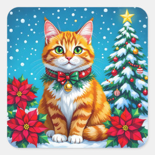 Adesivo Quadrado Gato Laranja Festivo de Natal Fofo